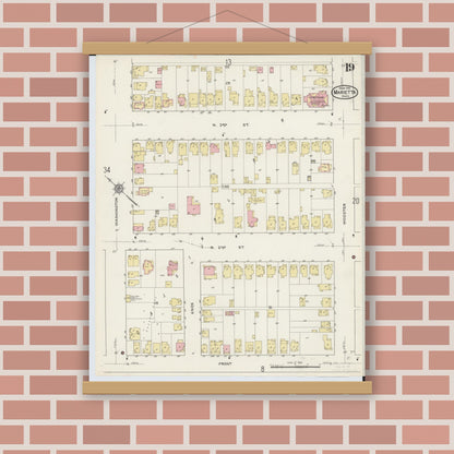 Old map wall art mockup — magnetic wood frame on brick wall — Sanborn Fire Insurance Map from Marietta, Washington County, Ohio (1915), Sheet #0019