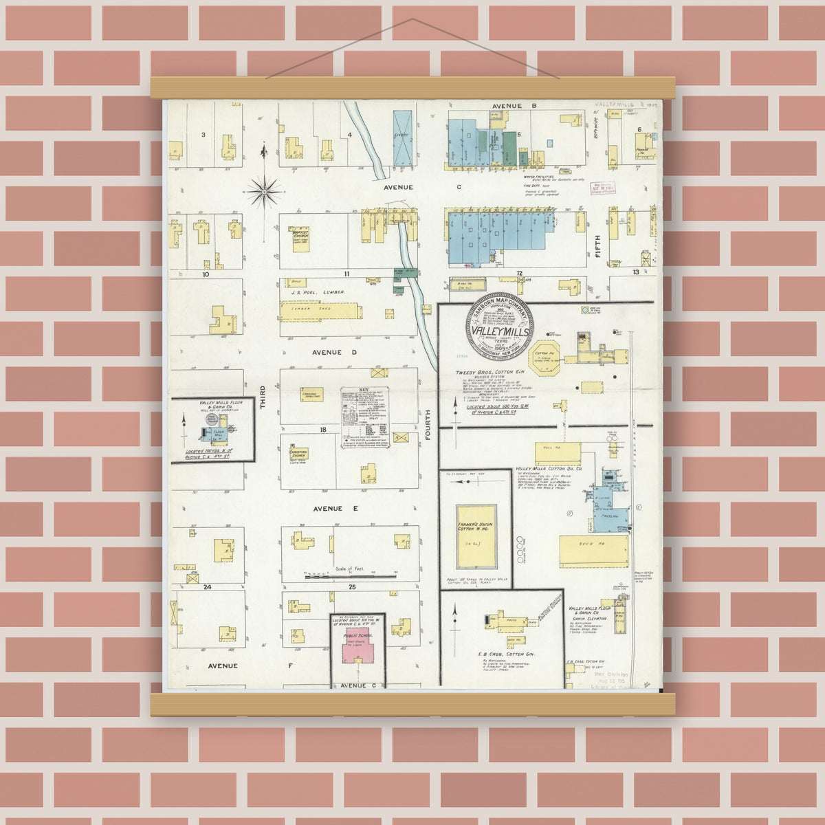 Old map wall art mockup — magnetic wood frame on brick wall — Sanborn Fire Insurance Map from Valley Mills, Bosque County, Texas (1909), Sheet #0001