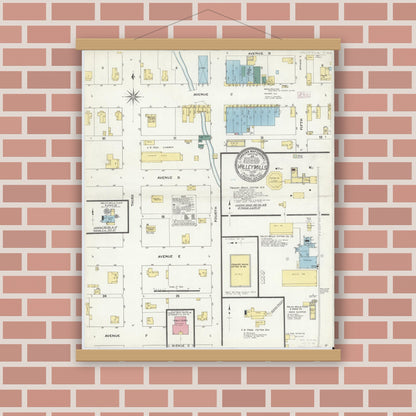 Old map wall art mockup — magnetic wood frame on brick wall — Sanborn Fire Insurance Map from Valley Mills, Bosque County, Texas (1909), Sheet #0001