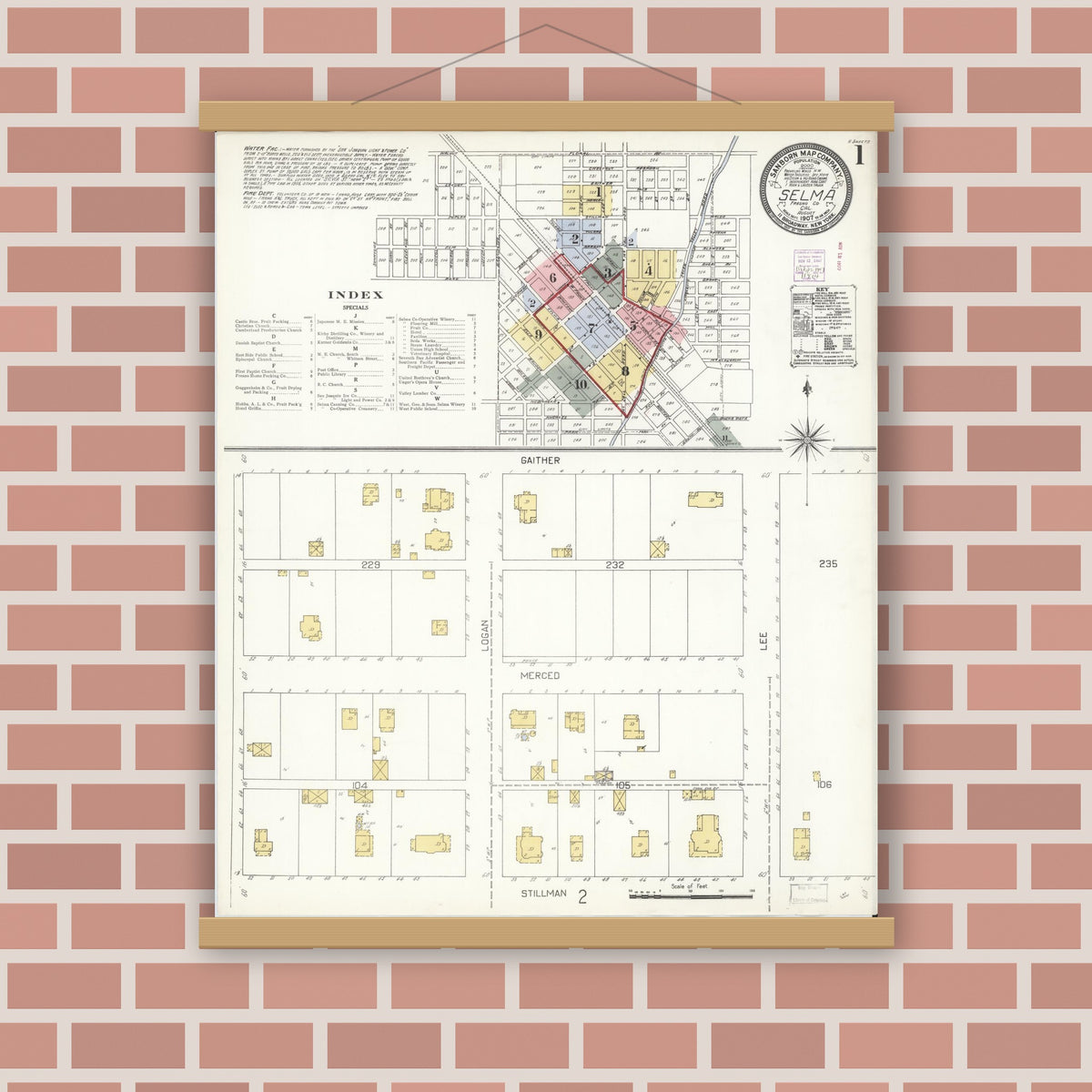 Old map wall art mockup — magnetic wood frame on brick wall — Sanborn Fire Insurance Map from Selma, Fresno County, California (1907) - Complete Map Set