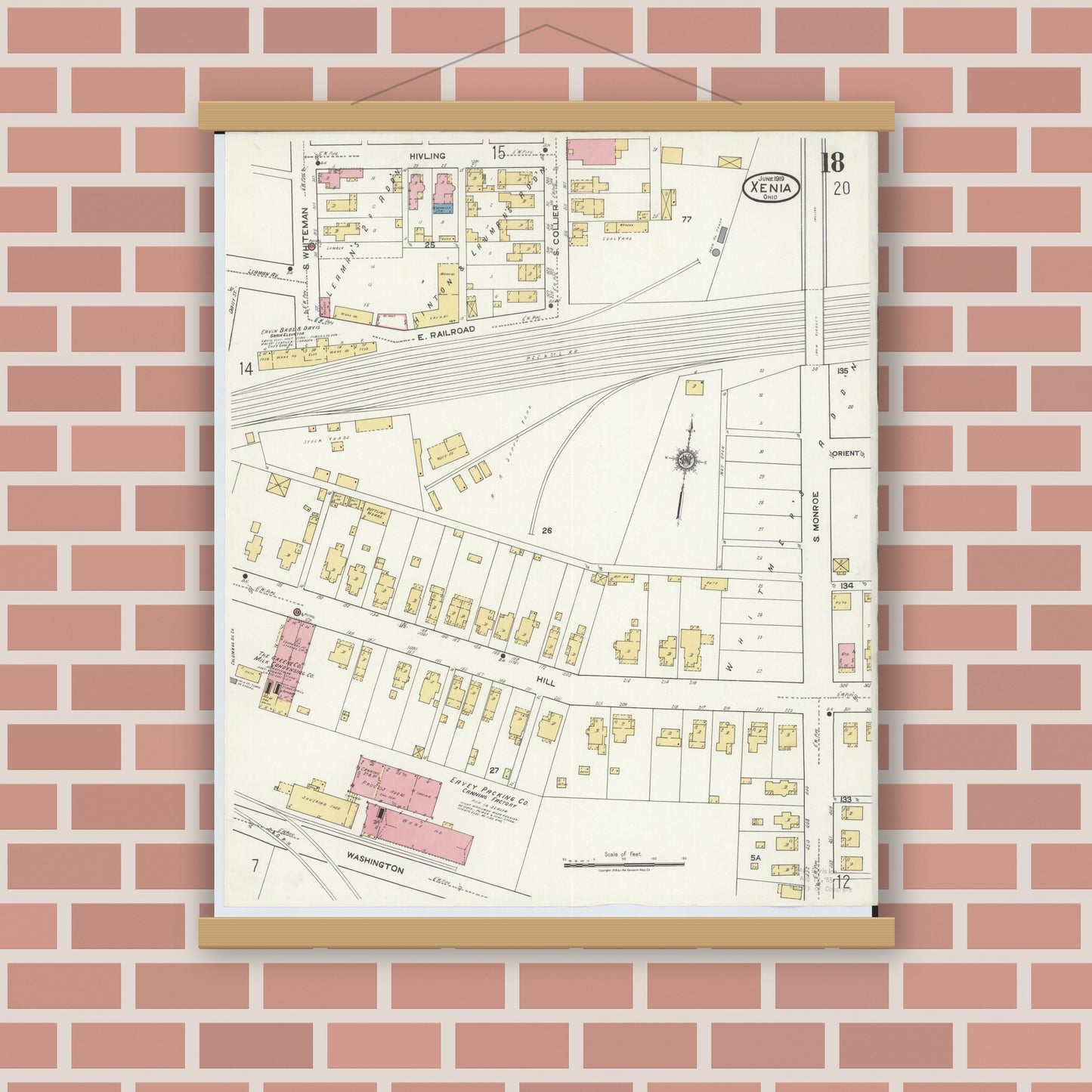 Old map wall art mockup — magnetic wood frame on brick wall — Sanborn Fire Insurance Map from Xenia, Greene County, Ohio (1919), Sheet #0018