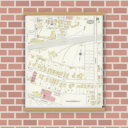 Old map wall art mockup — magnetic wood frame on brick wall — Sanborn Fire Insurance Map from Xenia, Greene County, Ohio (1919), Sheet #0018