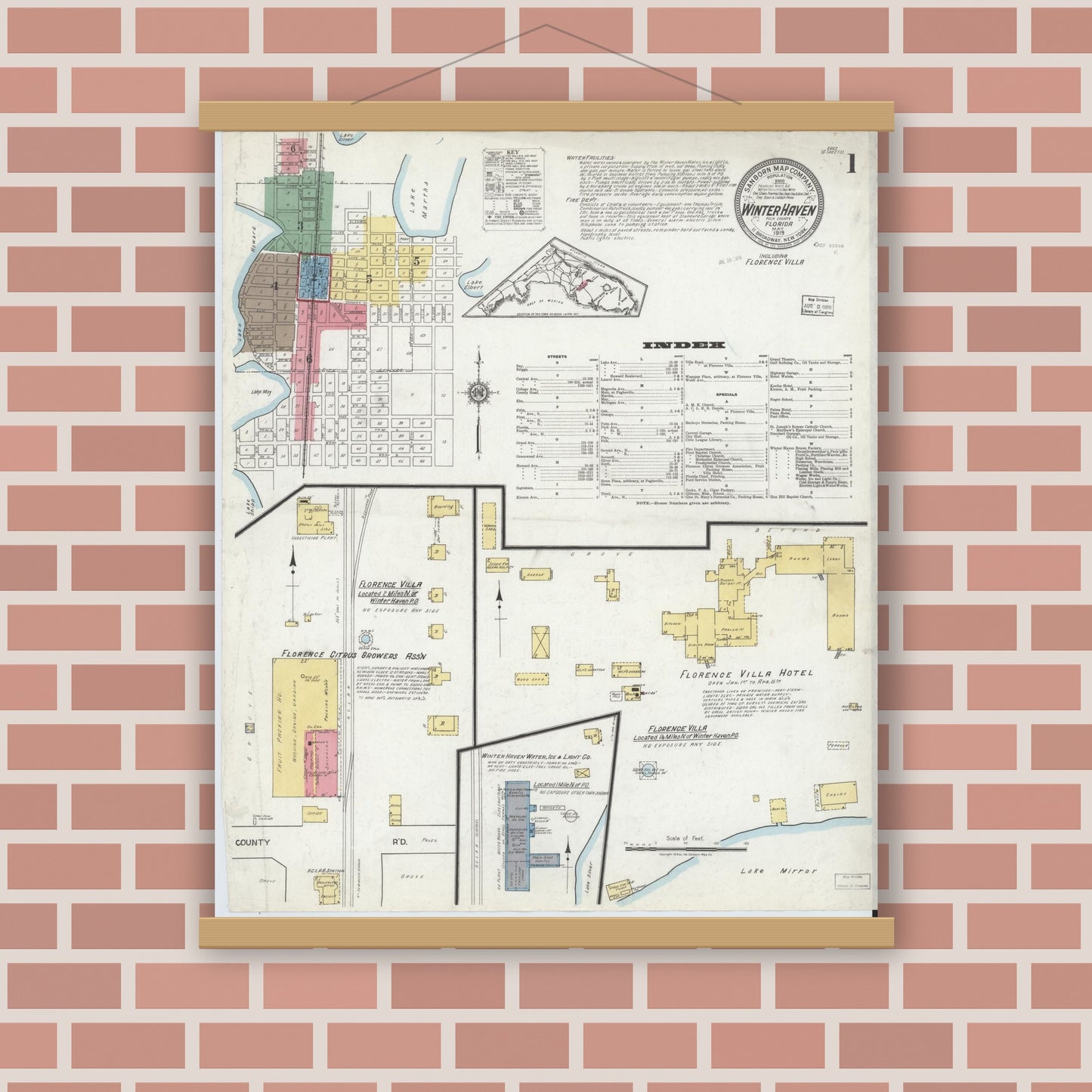 Old map wall art mockup — magnetic wood frame on brick wall — Sanborn Fire Insurance Map from Winter Haven, Polk County, Florida (1919) - Complete Map Set