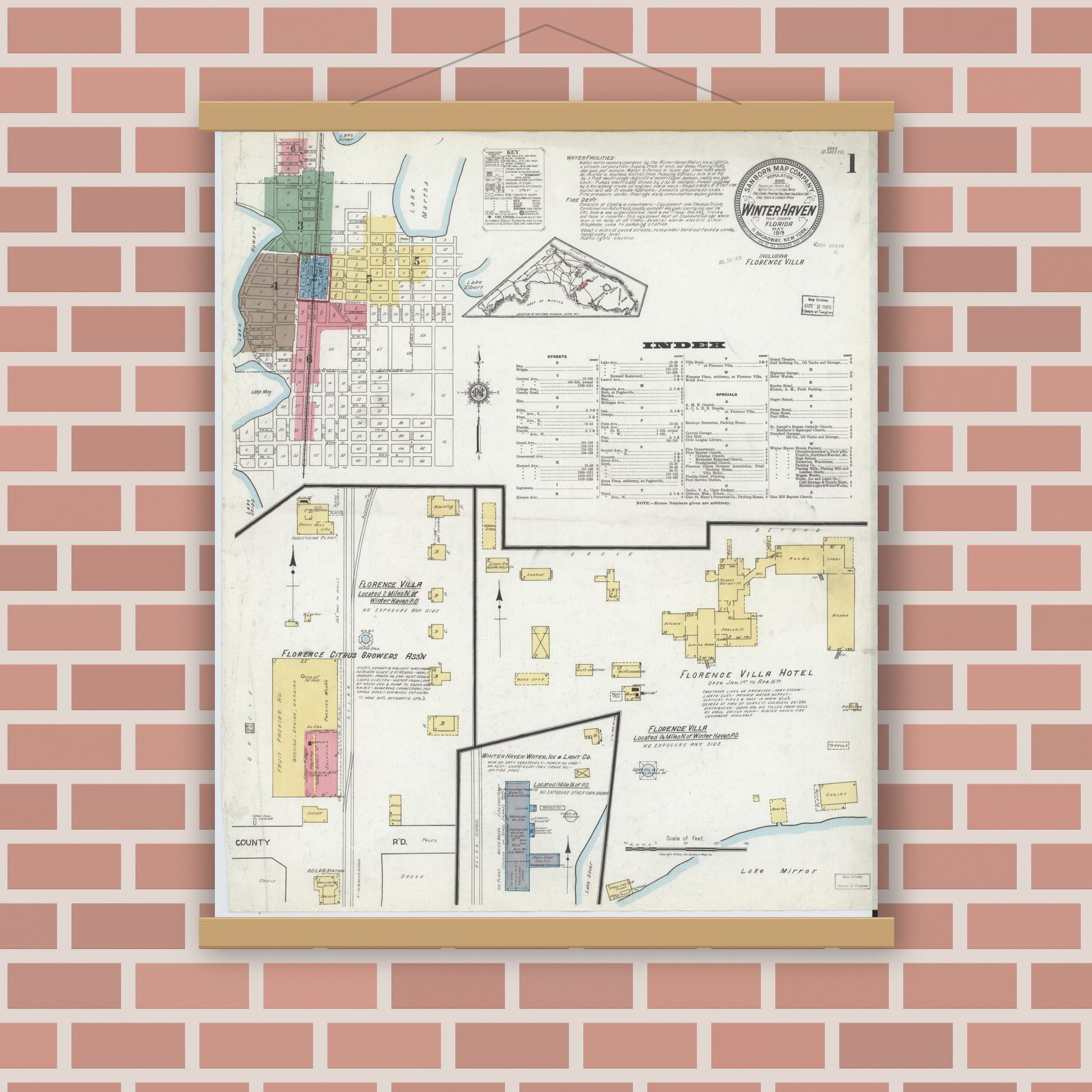 Old map wall art mockup — magnetic wood frame on brick wall — Sanborn Fire Insurance Map from Winter Haven, Polk County, Florida (1919) - Complete Map Set