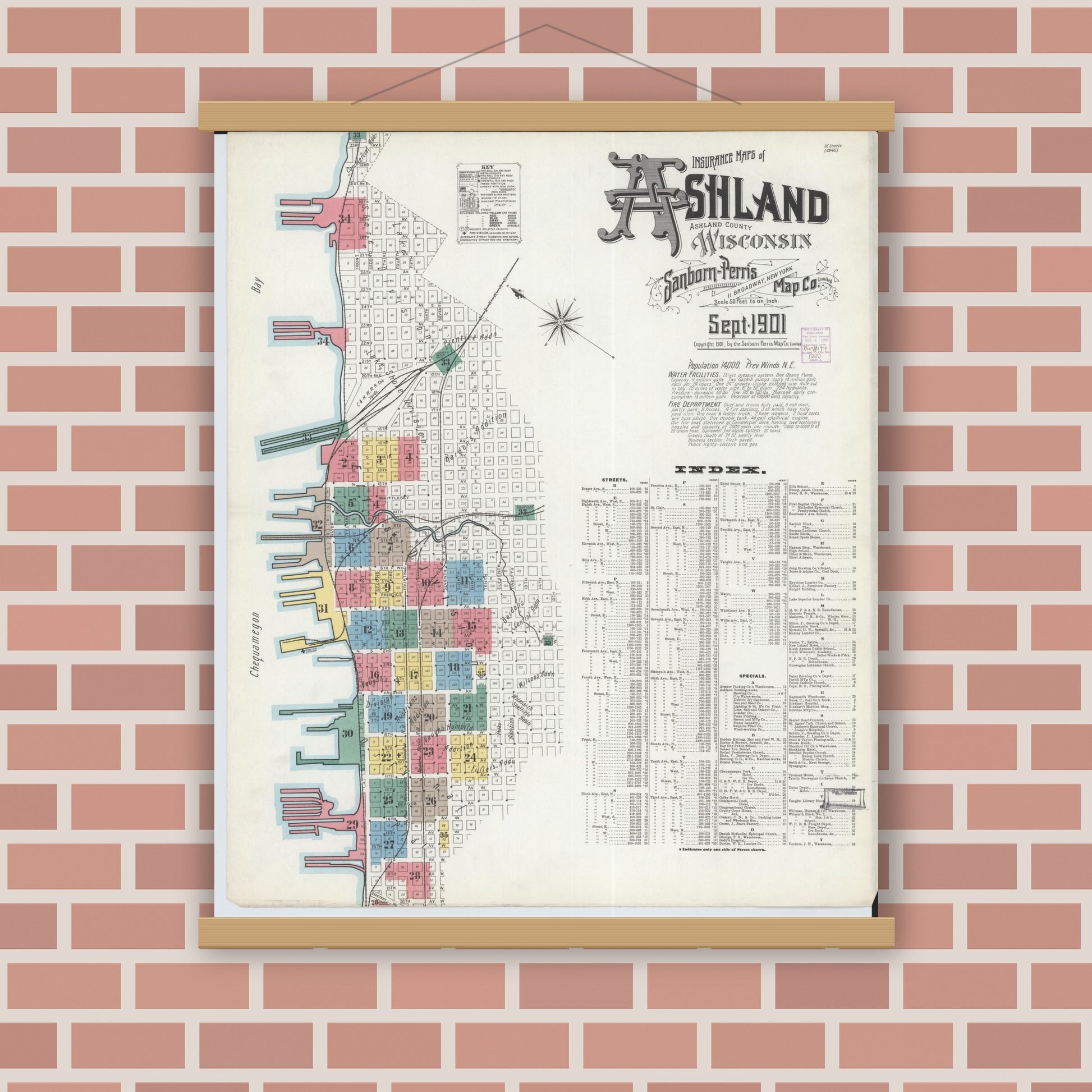 Old map wall art mockup — magnetic wood frame on brick wall — Sanborn Fire Insurance Map from Ashland, Ashland County, Wisconsin (1901) - Complete Map Set