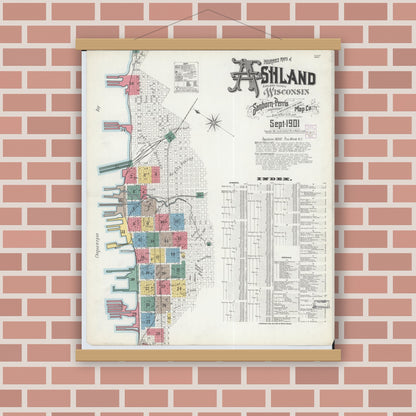 Old map wall art mockup — magnetic wood frame on brick wall — Sanborn Fire Insurance Map from Ashland, Ashland County, Wisconsin (1901) - Complete Map Set