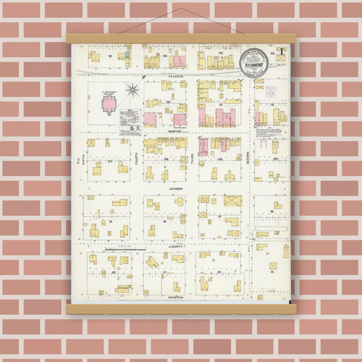 Old map wall art mockup — magnetic wood frame on brick wall — Sanborn Fire Insurance Map from Richmond, Fort Bend County, Texas (1904) - Complete Map Set