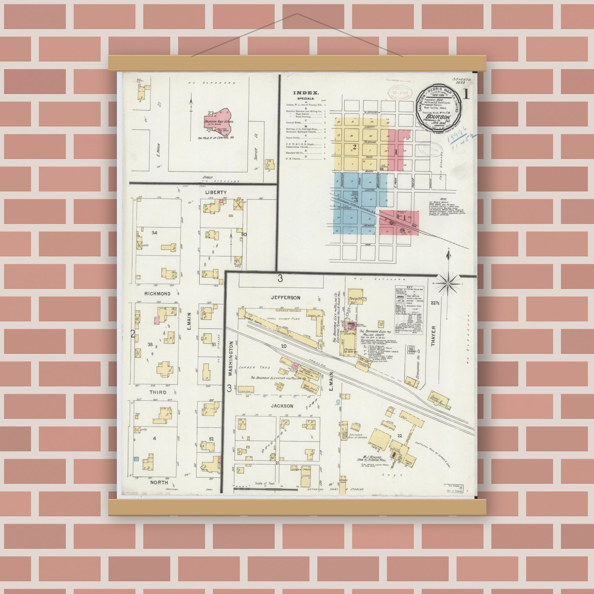 Old map wall art mockup — magnetic wood frame on brick wall — Sanborn Fire Insurance Map from Bourbon, Marshall County, Indiana (1899), Sheet #0001