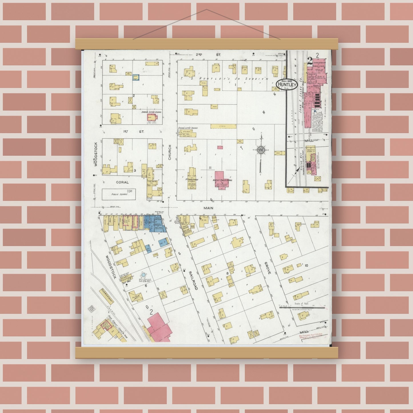 Old map wall art mockup — magnetic wood frame on brick wall — Sanborn Fire Insurance Map from Huntley, McHenry County, Illinois (1919), Sheet #0002