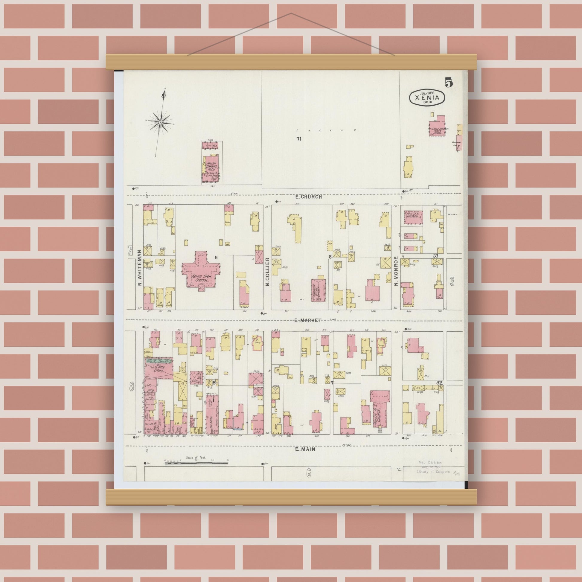 Old map wall art mockup — magnetic wood frame on brick wall — Sanborn Fire Insurance Map from Xenia, Greene County, Ohio (1895), Sheet #0005