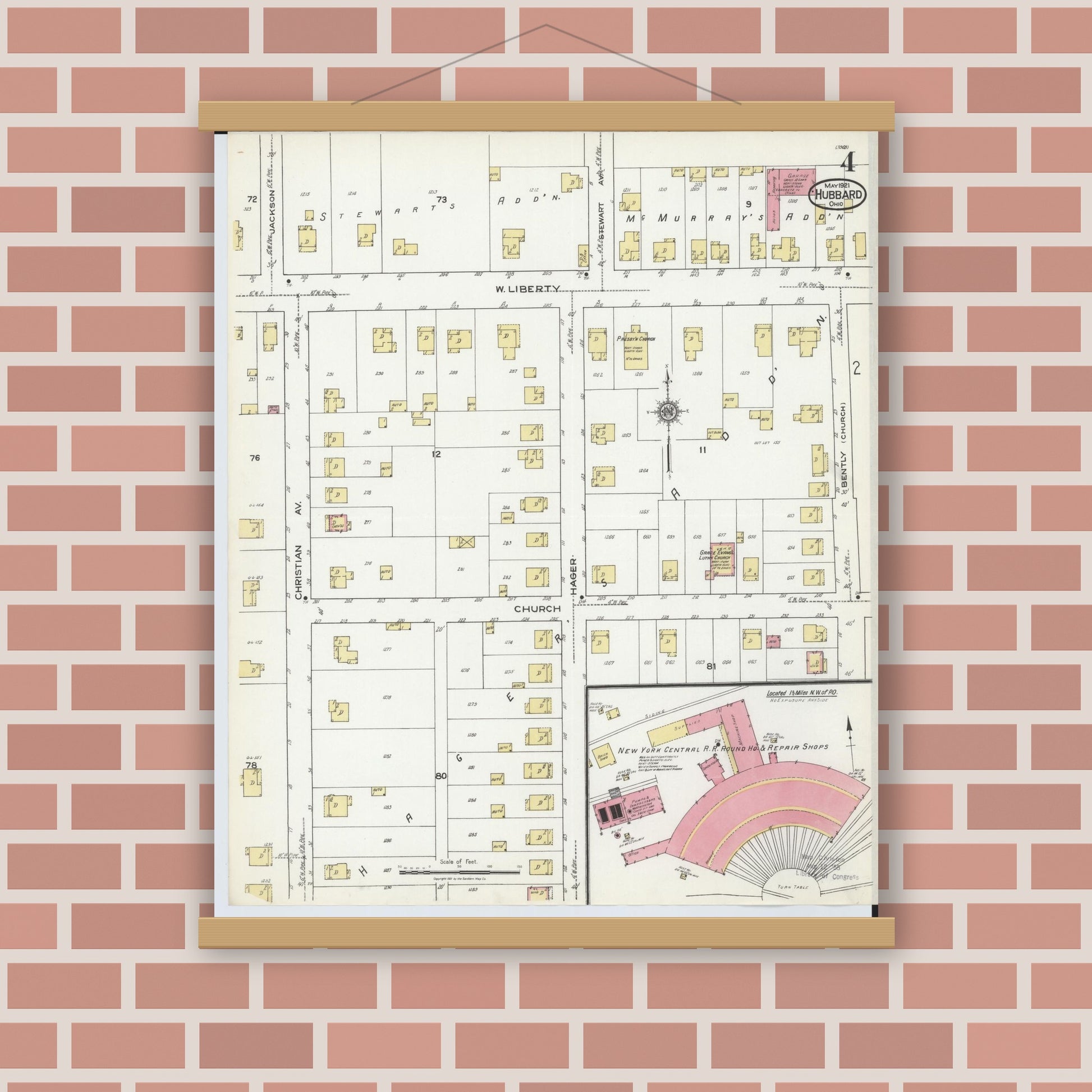 Old map wall art mockup — magnetic wood frame on brick wall — Sanborn Fire Insurance Map from Hubbard, Trumbull County, Ohio (1921), Sheet #0004