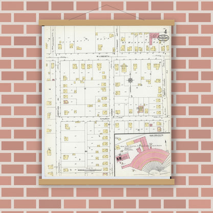 Old map wall art mockup — magnetic wood frame on brick wall — Sanborn Fire Insurance Map from Hubbard, Trumbull County, Ohio (1921), Sheet #0004