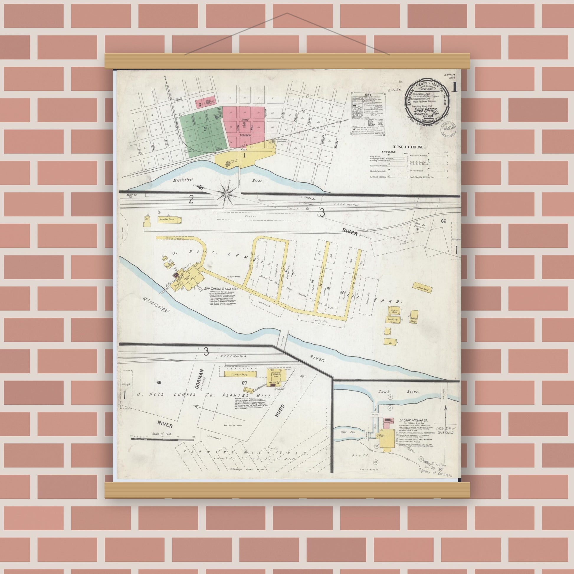 Old map wall art mockup — magnetic wood frame on brick wall — Sanborn Fire Insurance Map from Sauk Rapids, Benton County, Minnesota (1899), Sheet #0001