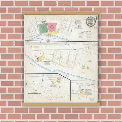 Old map wall art mockup — magnetic wood frame on brick wall — Sanborn Fire Insurance Map from Sauk Rapids, Benton County, Minnesota (1899), Sheet #0001