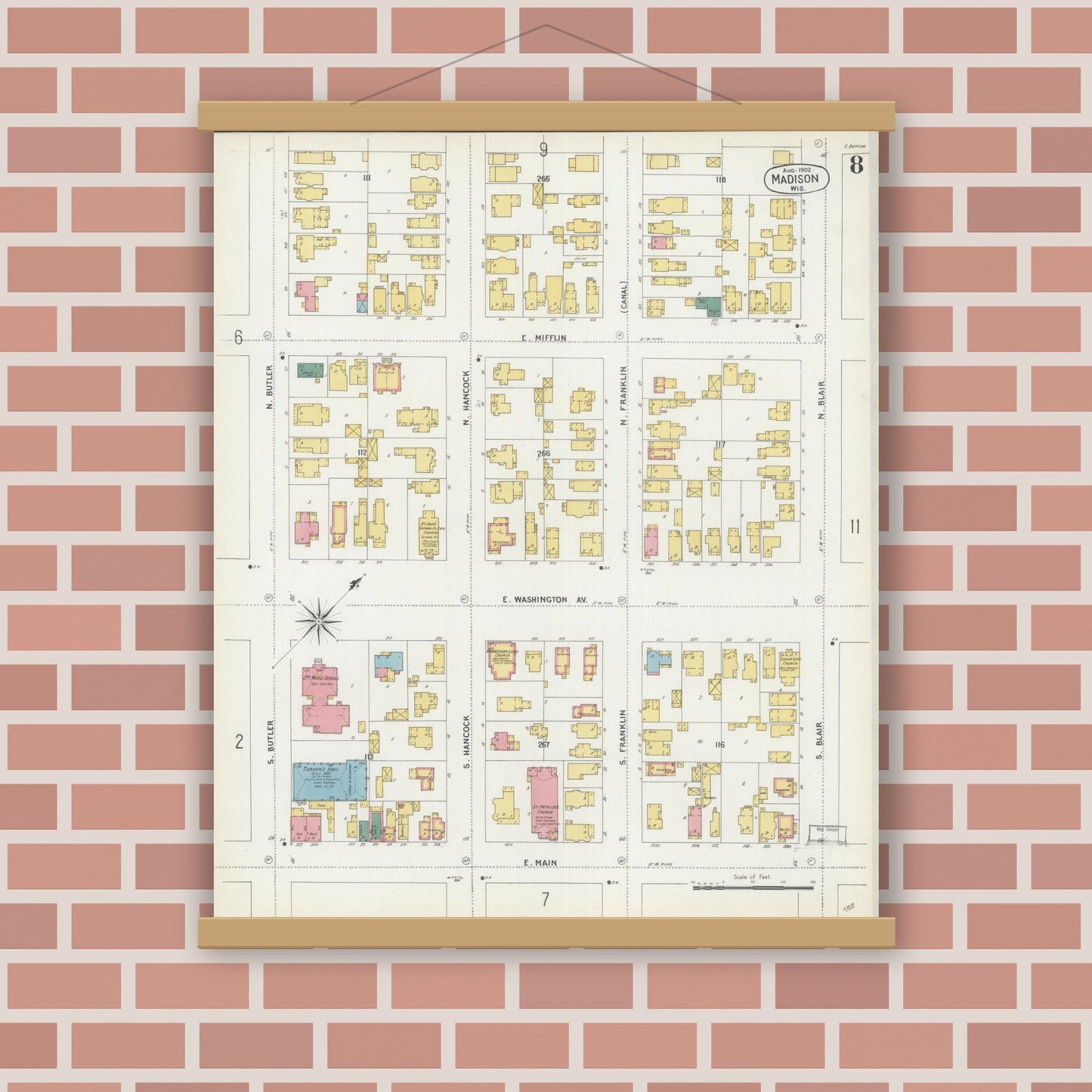 Old map wall art mockup — magnetic wood frame on brick wall — Sanborn Fire Insurance Map from Madison, Dane County, Wisconsin (1902), Sheet #0008