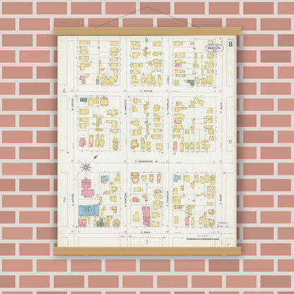 Old map wall art mockup — magnetic wood frame on brick wall — Sanborn Fire Insurance Map from Madison, Dane County, Wisconsin (1902), Sheet #0008
