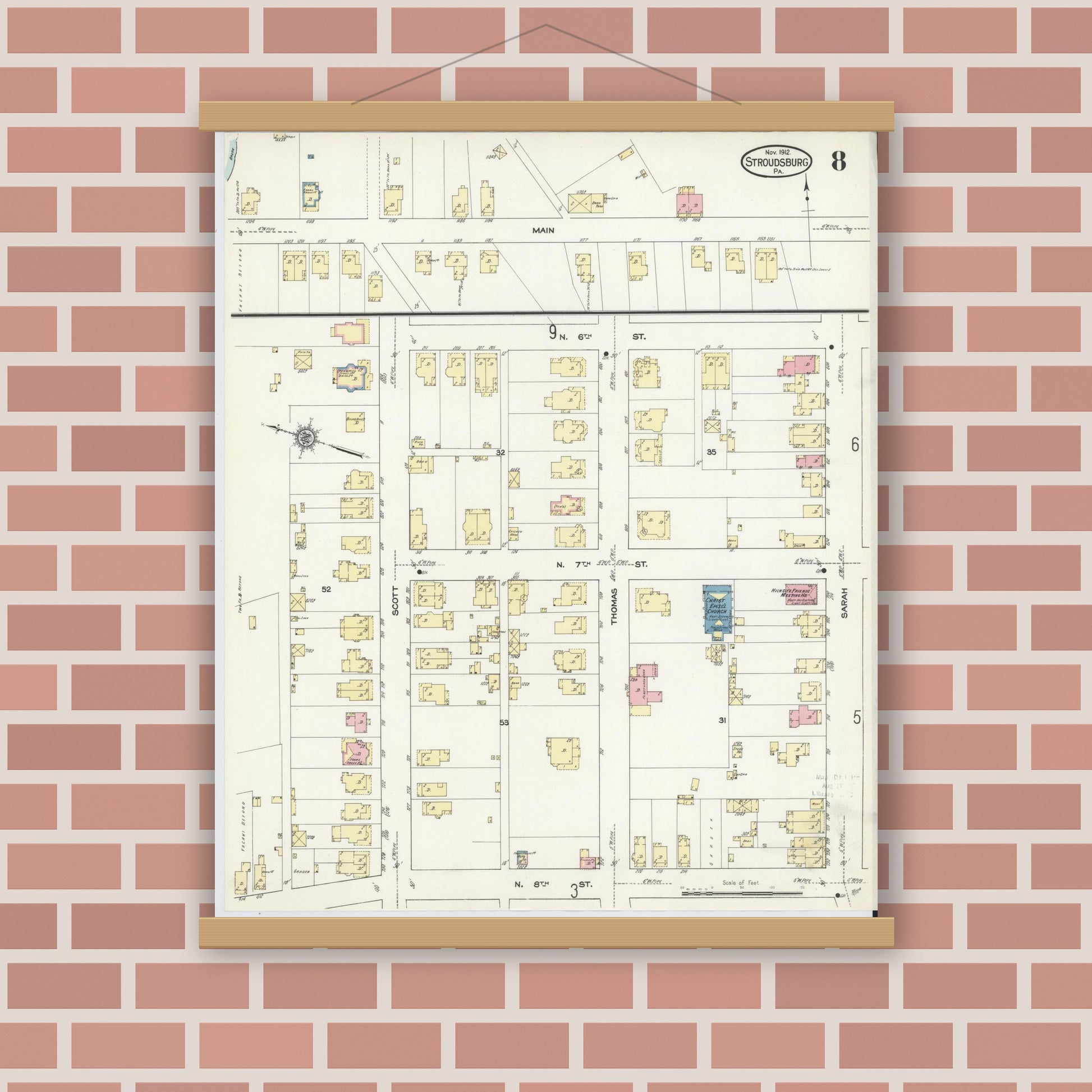 Old map wall art mockup — magnetic wood frame on brick wall — Sanborn Fire Insurance Map from Stroudsburg, Monroe County, Pennsylvania (1912), Sheet #0008