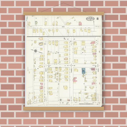 Old map wall art mockup — magnetic wood frame on brick wall — Sanborn Fire Insurance Map from Stroudsburg, Monroe County, Pennsylvania (1912), Sheet #0008