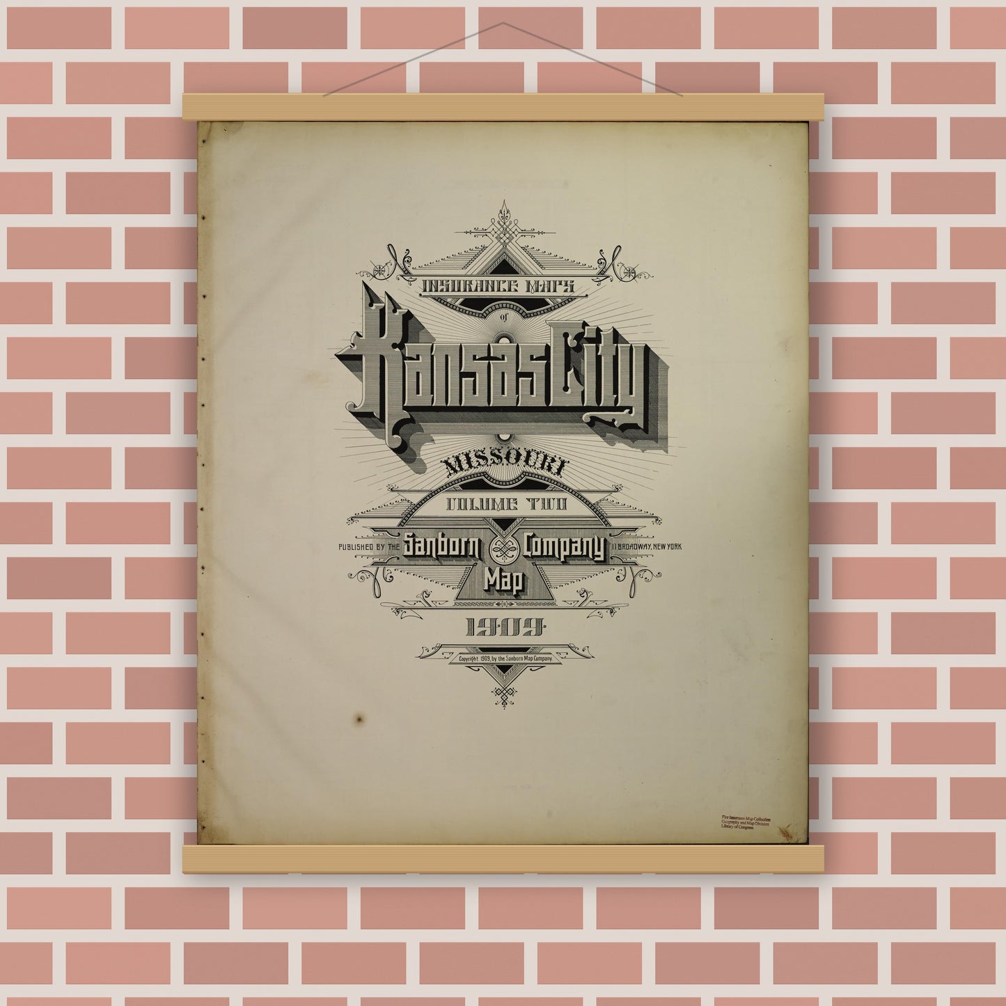 Old map wall art mockup — magnetic wood frame on brick wall — Sanborn Fire Insurance Map from Kansas City, Jackson, Clay, And Platte Counties, Missouri (1909) - Complete Map Set