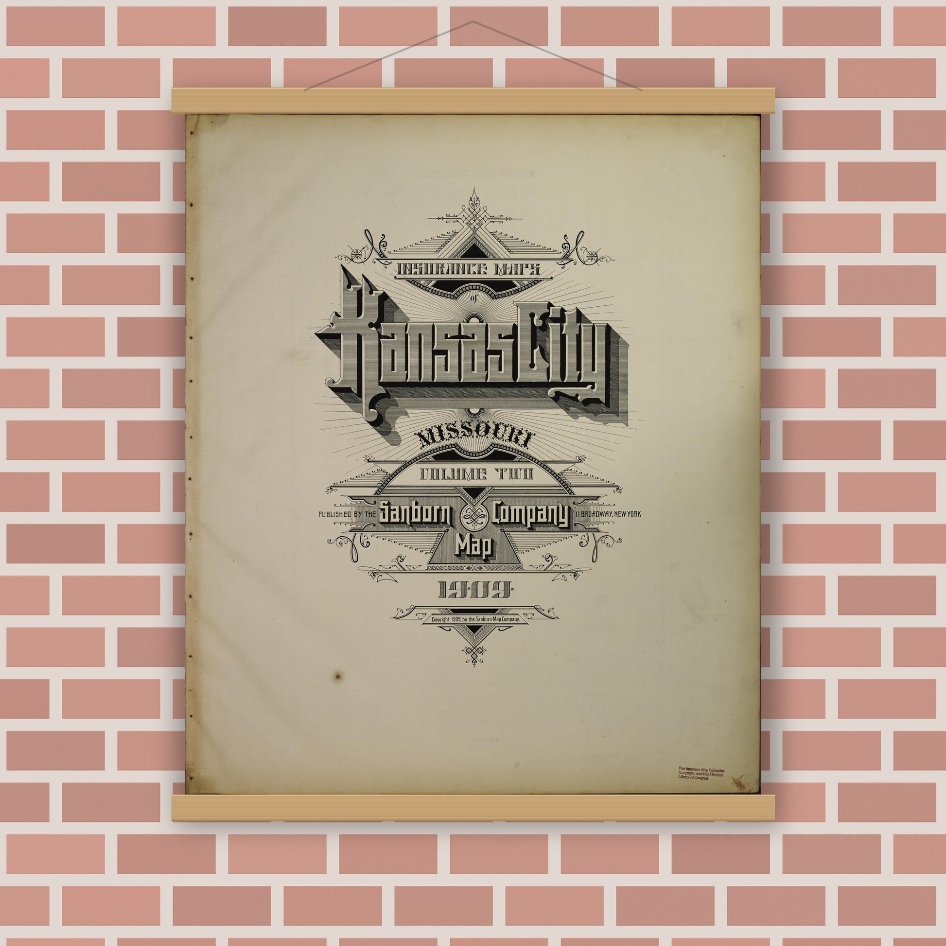 Old map wall art mockup — magnetic wood frame on brick wall — Sanborn Fire Insurance Map from Kansas City, Jackson, Clay, And Platte Counties, Missouri (1909) - Complete Map Set