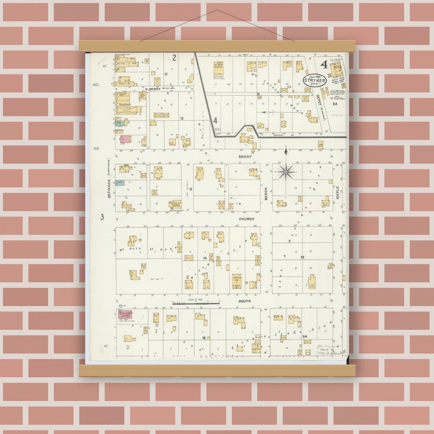 Old map wall art mockup — magnetic wood frame on brick wall — Sanborn Fire Insurance Map from Stryker, Williams County, Ohio (1905), Sheet #0004