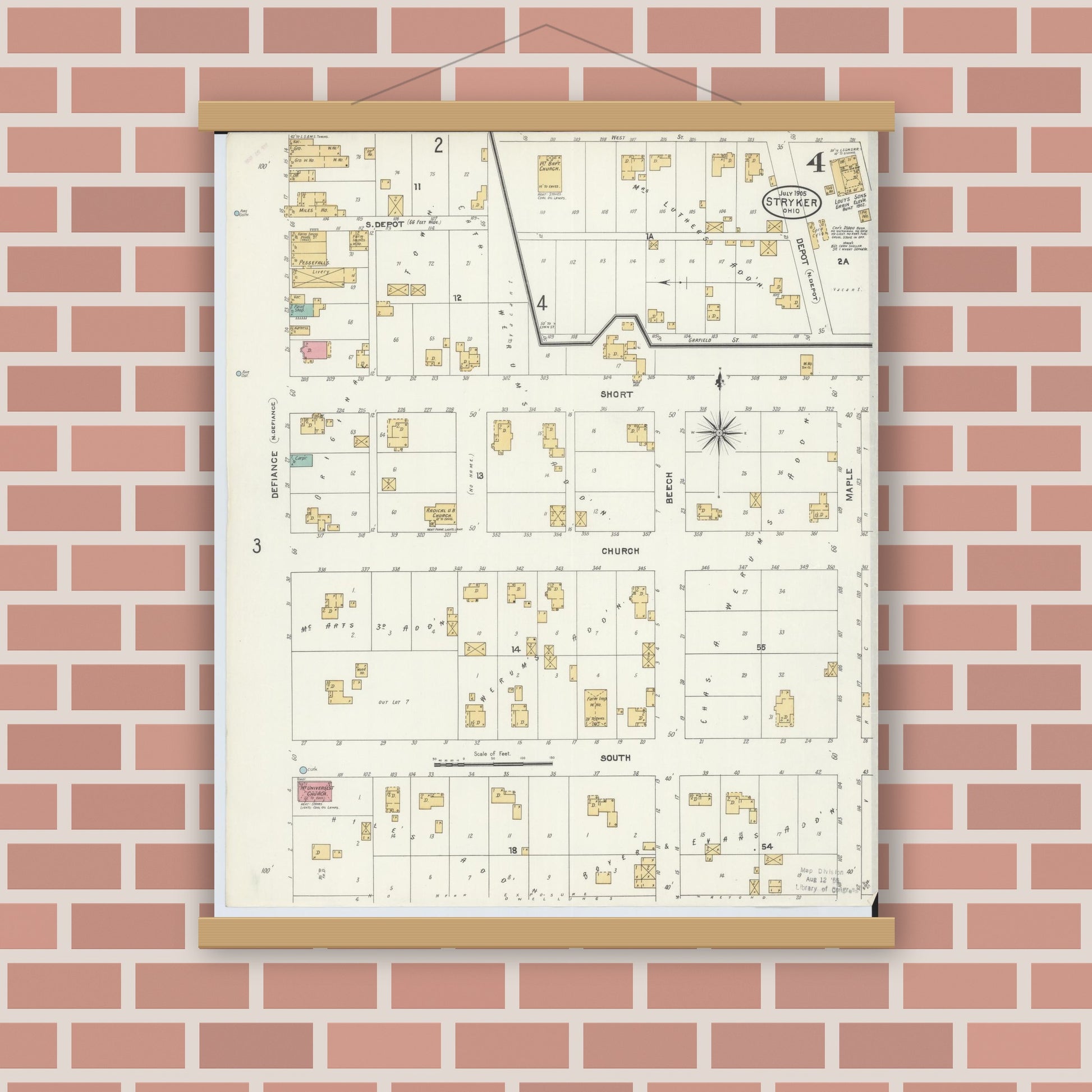 Old map wall art mockup — magnetic wood frame on brick wall — Sanborn Fire Insurance Map from Stryker, Williams County, Ohio (1905), Sheet #0004