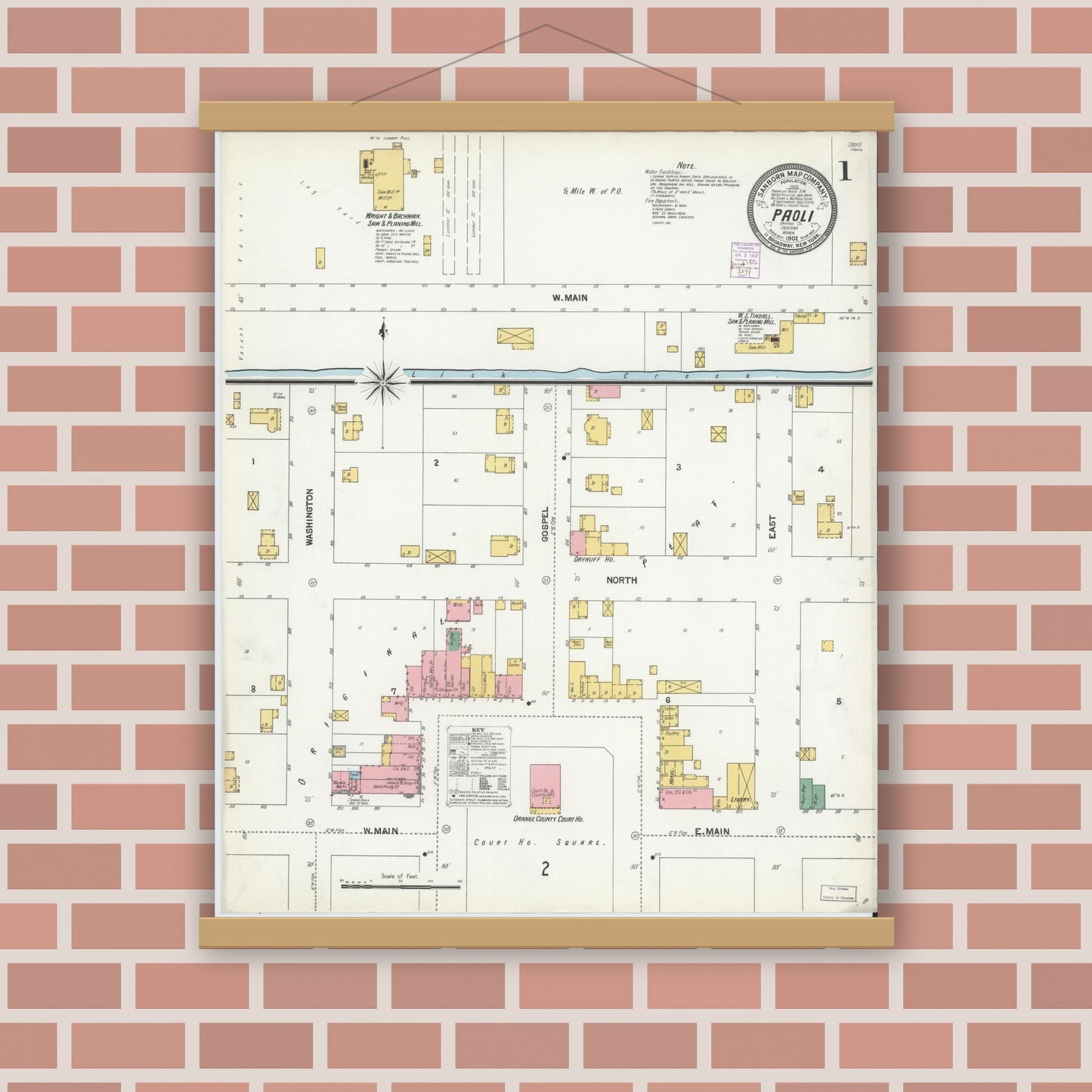 Old map wall art mockup — magnetic wood frame on brick wall — Sanborn Fire Insurance Map from Paoli, Orange County, Indiana (1902) - Complete Map Set