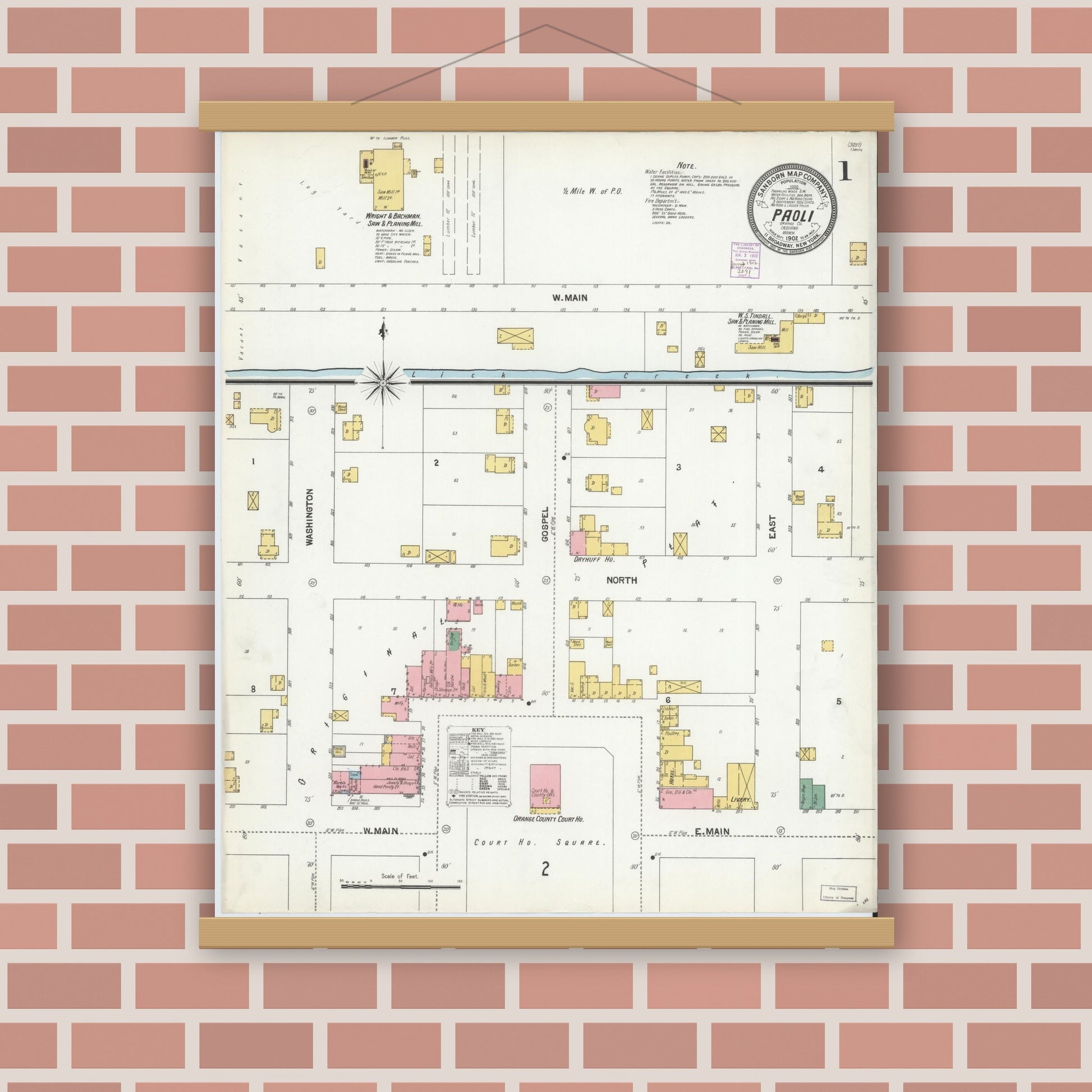 Old map wall art mockup — magnetic wood frame on brick wall — Sanborn Fire Insurance Map from Paoli, Orange County, Indiana (1902) - Complete Map Set
