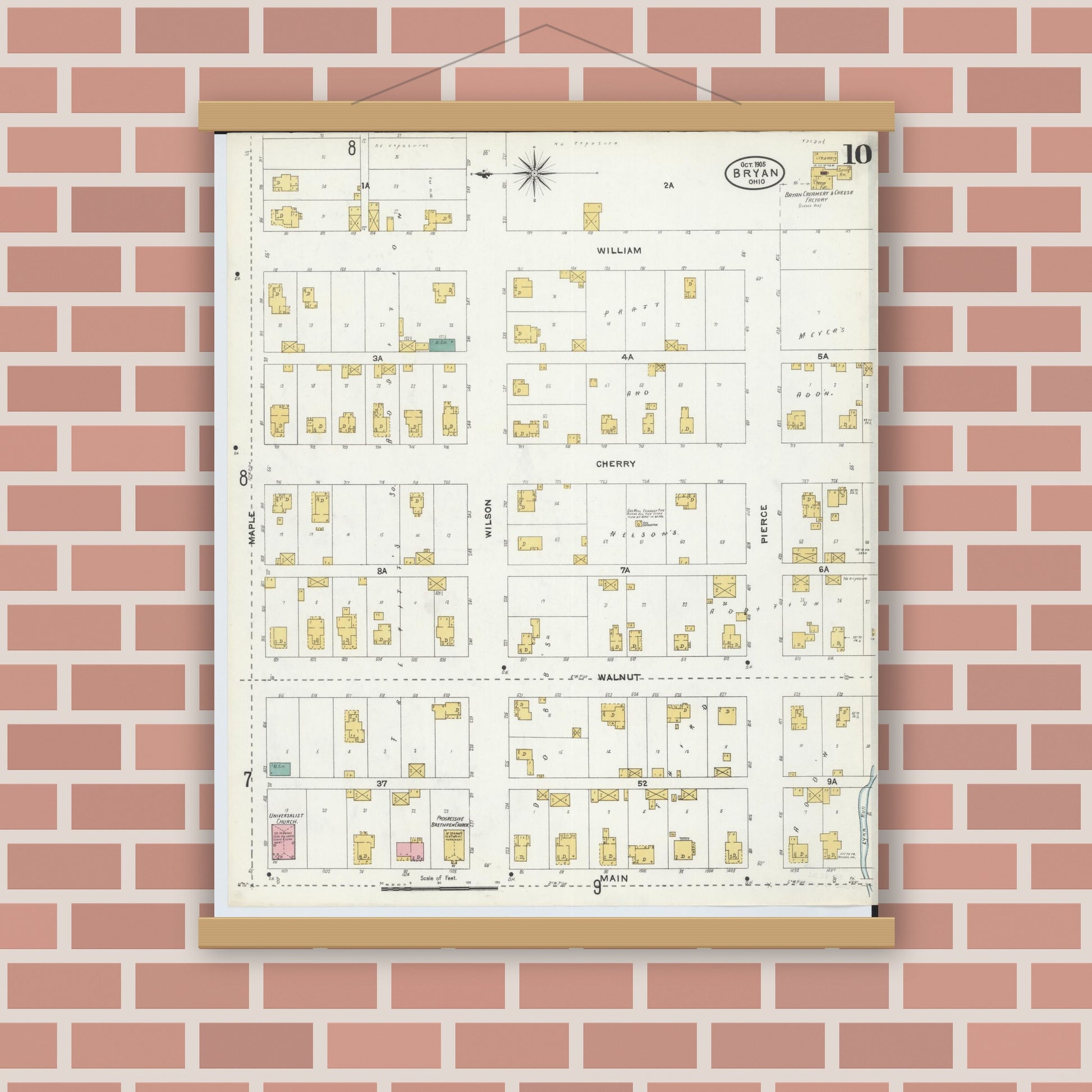 Old map wall art mockup — magnetic wood frame on brick wall — Sanborn Fire Insurance Map from Bryan, Williams County, Ohio (1905), Sheet #0010