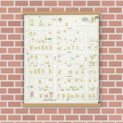 Old map wall art mockup — magnetic wood frame on brick wall — Sanborn Fire Insurance Map from Bryan, Williams County, Ohio (1905), Sheet #0010