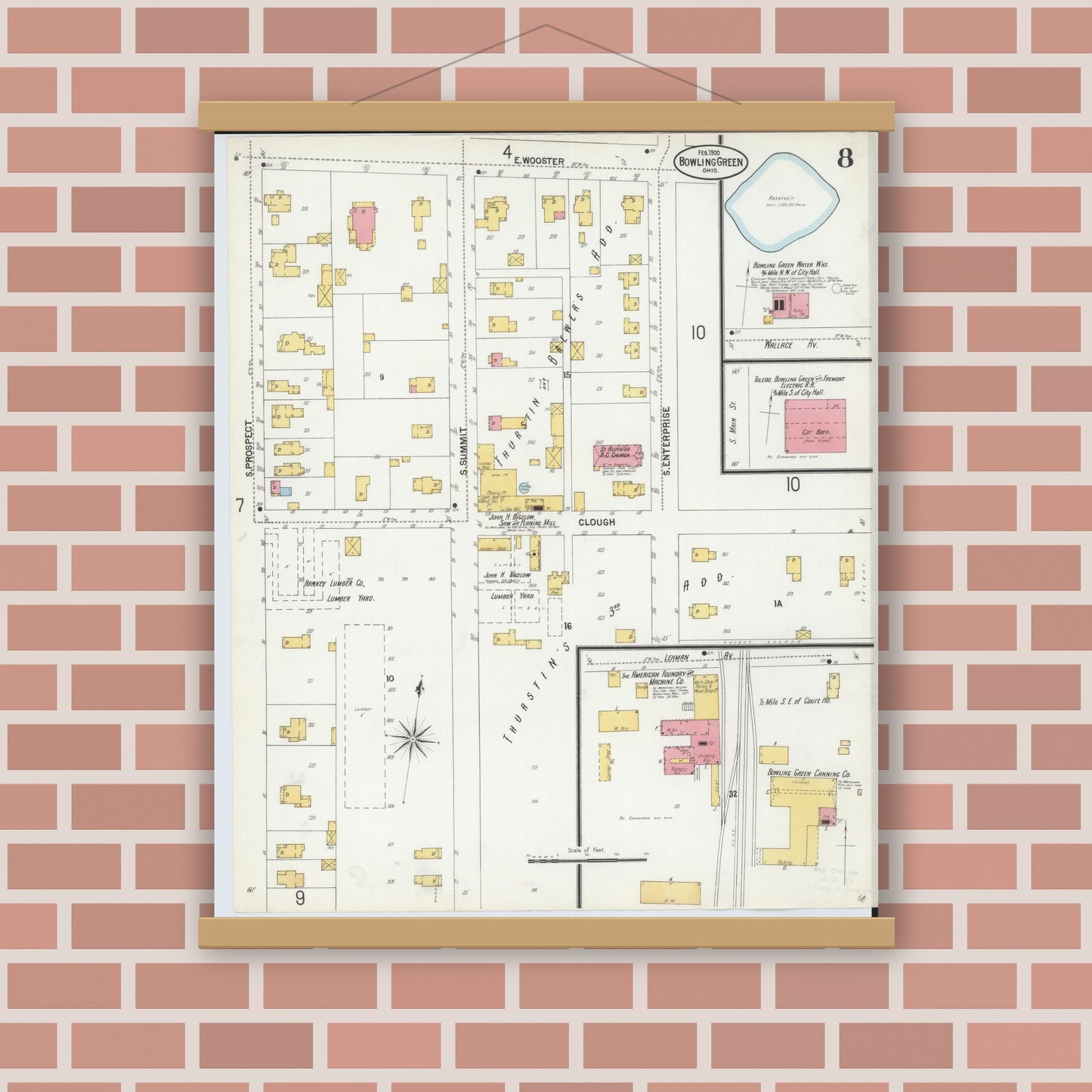 Old map wall art mockup — magnetic wood frame on brick wall — Sanborn Fire Insurance Map from Bowling Green, Wood County, Ohio (1900), Sheet #0008