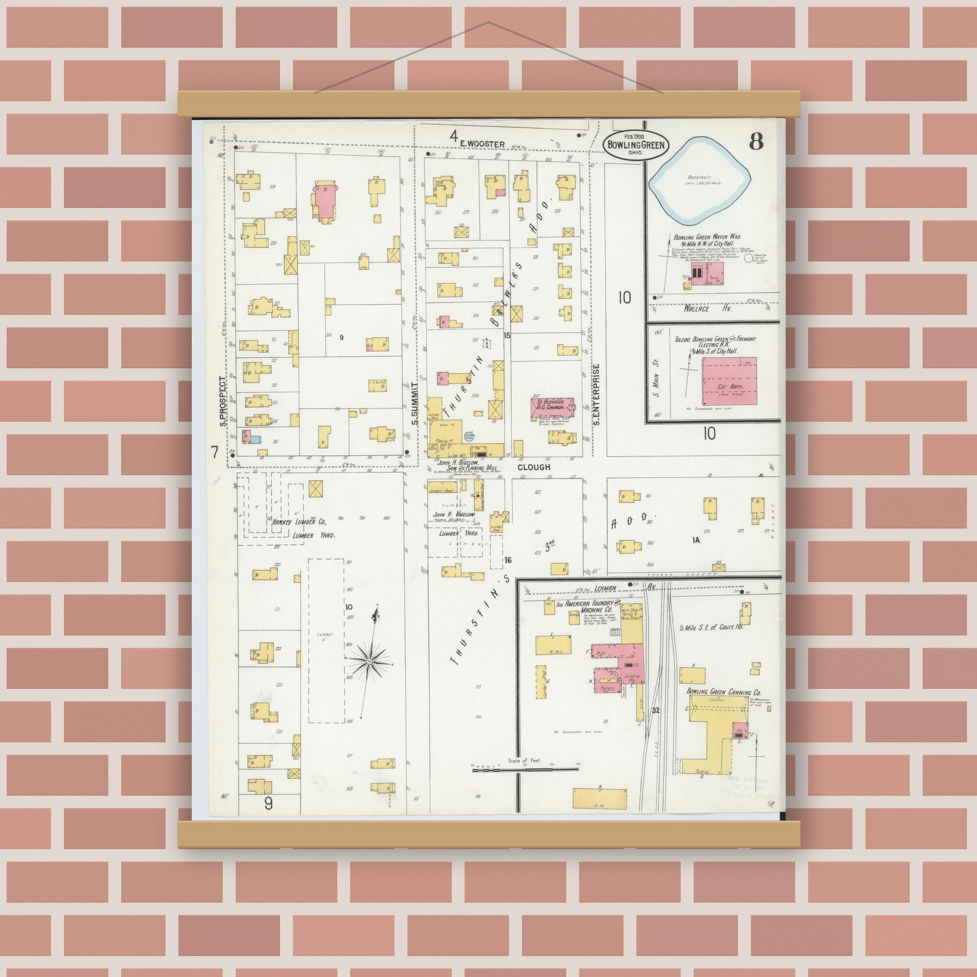 Old map wall art mockup — magnetic wood frame on brick wall — Sanborn Fire Insurance Map from Bowling Green, Wood County, Ohio (1900), Sheet #0008