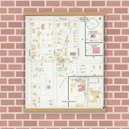 Old map wall art mockup — magnetic wood frame on brick wall — Sanborn Fire Insurance Map from Bowling Green, Wood County, Ohio (1900), Sheet #0008