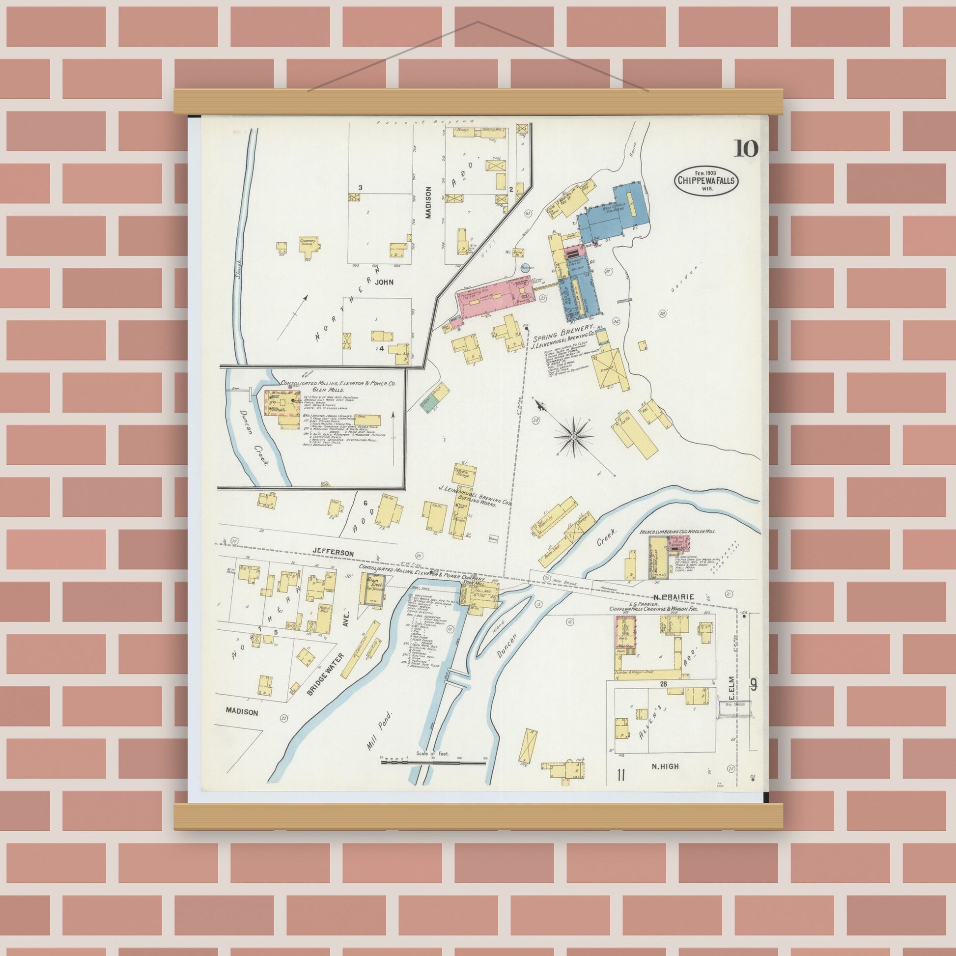 Old map wall art mockup — magnetic wood frame on brick wall — Sanborn Fire Insurance Map from Chippewa Falls, Chippewa County, Wisconsin (1903), Sheet #0010