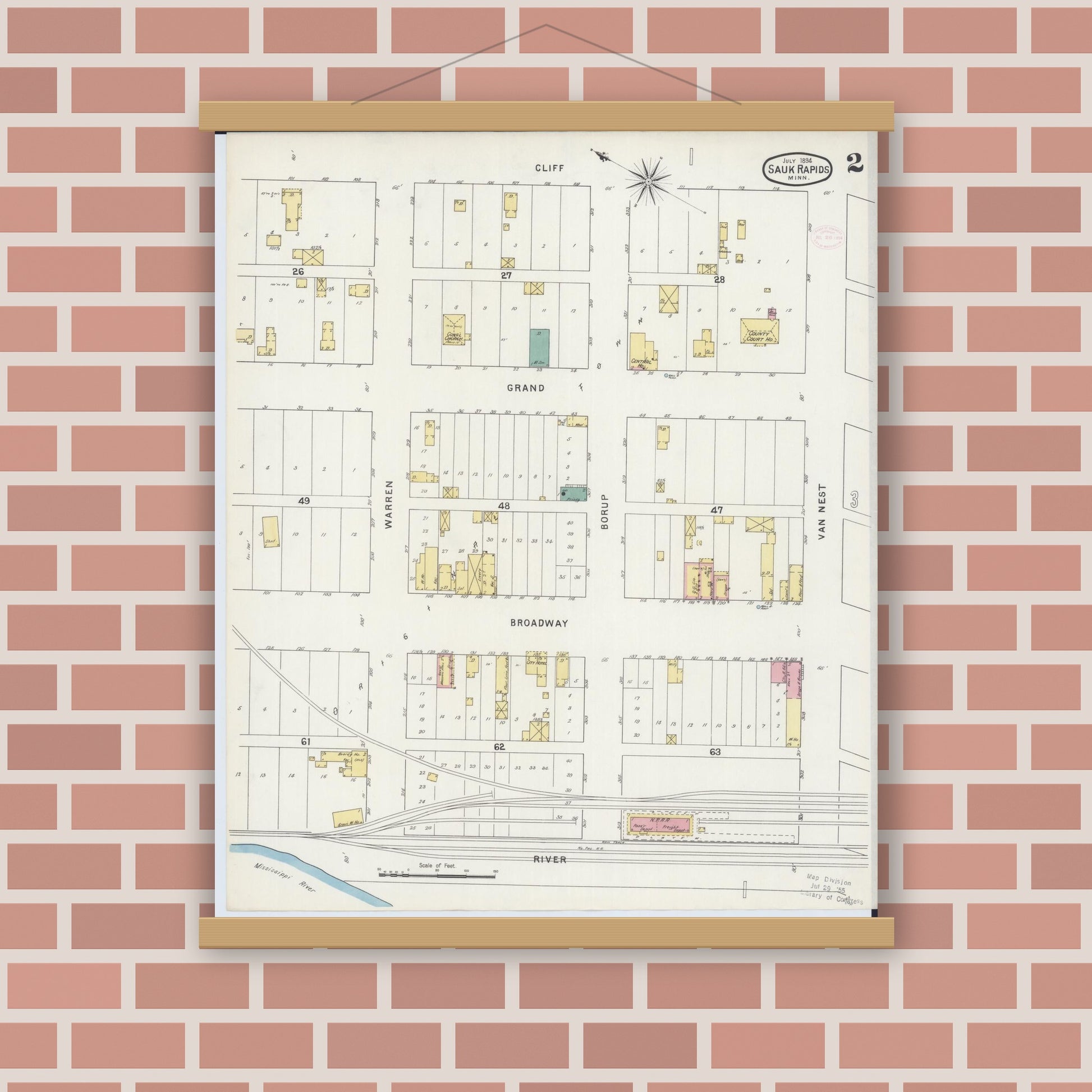 Old map wall art mockup — magnetic wood frame on brick wall — Sanborn Fire Insurance Map from Sauk Rapids, Benton County, Minnesota (1894), Sheet #0002