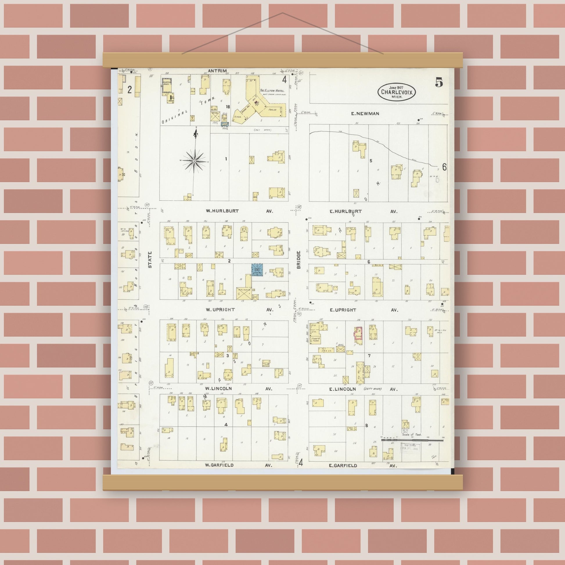 Old map wall art mockup — magnetic wood frame on brick wall — Sanborn Fire Insurance Map from Charlevoix, Charlevoix County, Michigan (1907), Sheet #0005