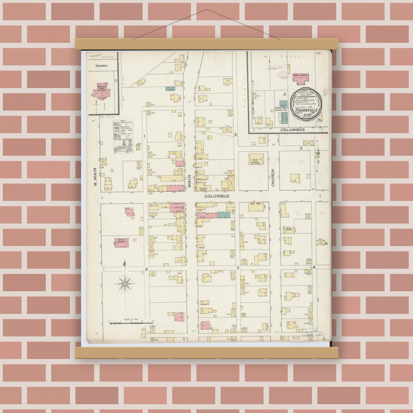 Old map wall art mockup — magnetic wood frame on brick wall — Sanborn Fire Insurance Map from Thornville, Perry County, Ohio (1893), Sheet #0001