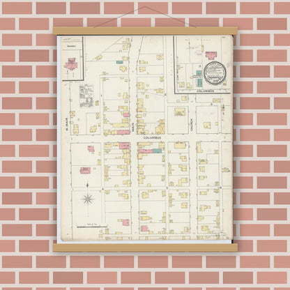 Old map wall art mockup — magnetic wood frame on brick wall — Sanborn Fire Insurance Map from Thornville, Perry County, Ohio (1893), Sheet #0001