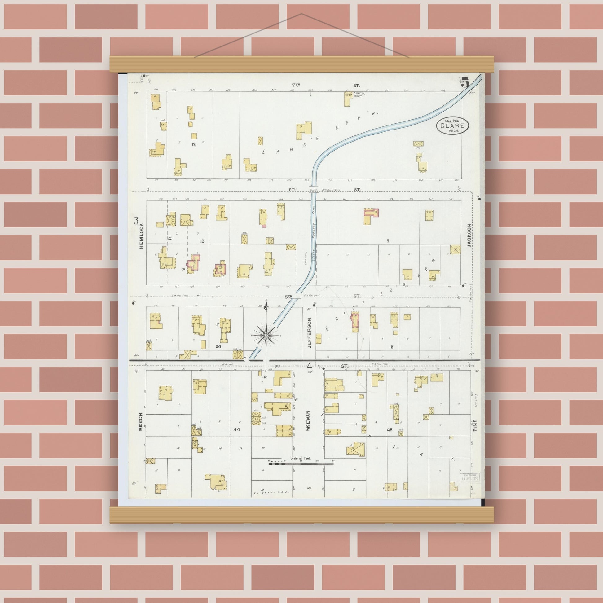 Old map wall art mockup — magnetic wood frame on brick wall — Sanborn Fire Insurance Map from Clare, Clare County, Michigan (1906), Sheet #0005