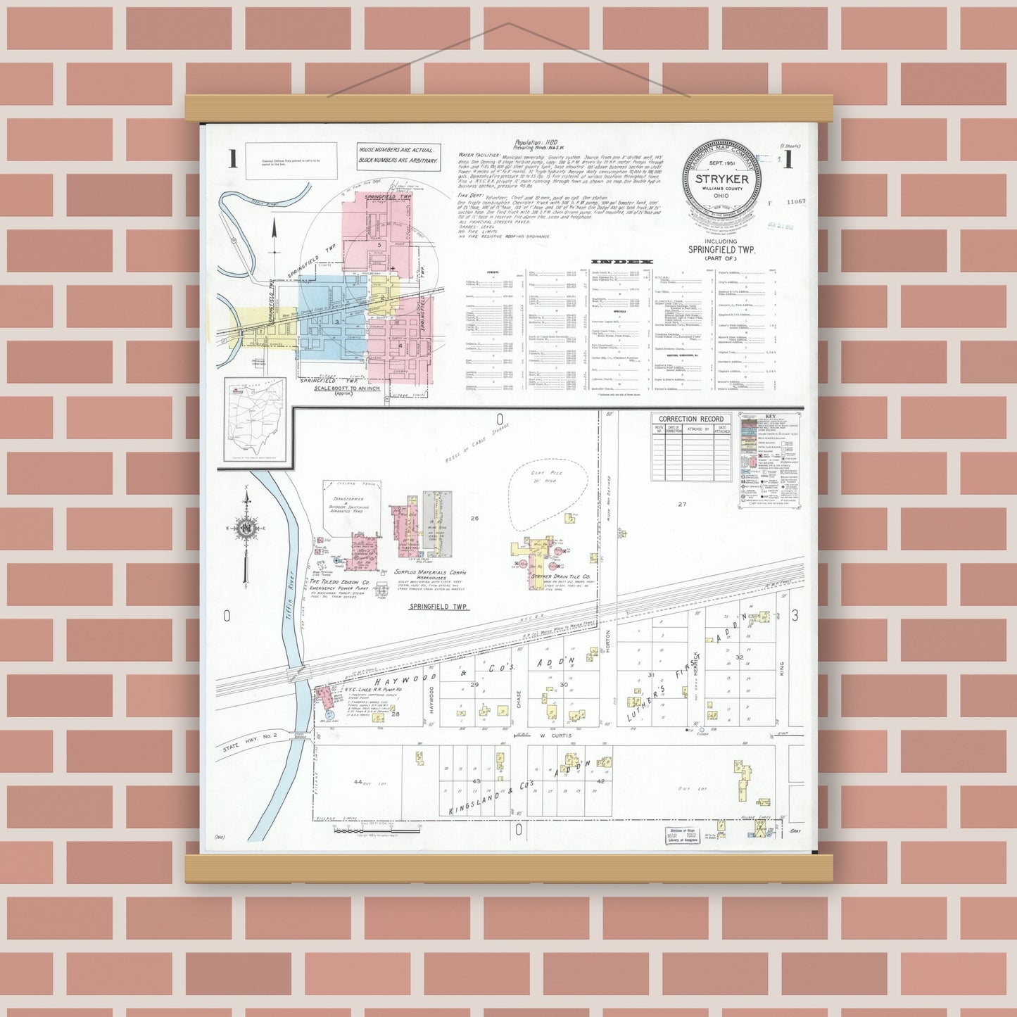 Old map wall art mockup — magnetic wood frame on brick wall — Sanborn Fire Insurance Map from Stryker, Williams County, Ohio (1951) - Complete Map Set