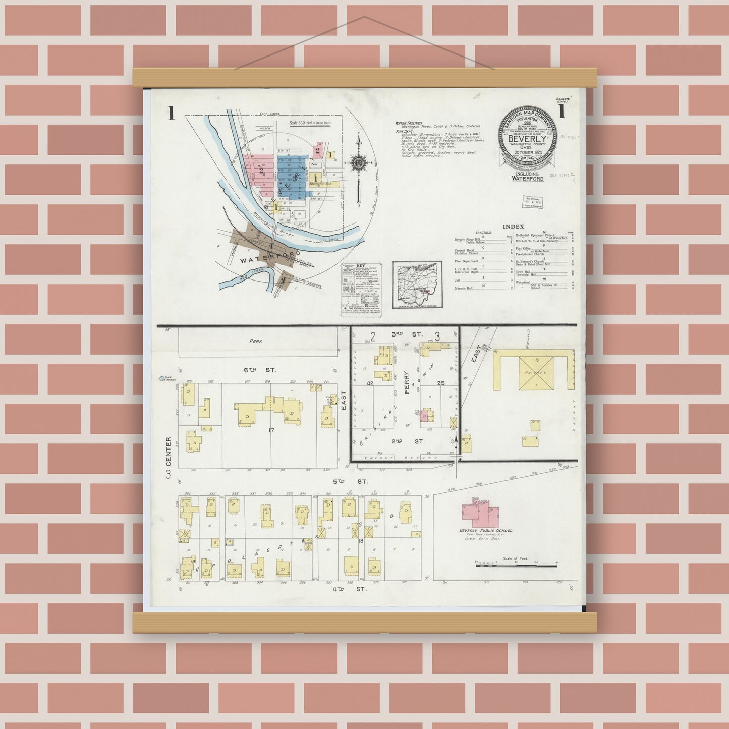 Old map wall art mockup — magnetic wood frame on brick wall — Sanborn Fire Insurance Map from Beverly, Washington County, Ohio (1924), Sheet #0001