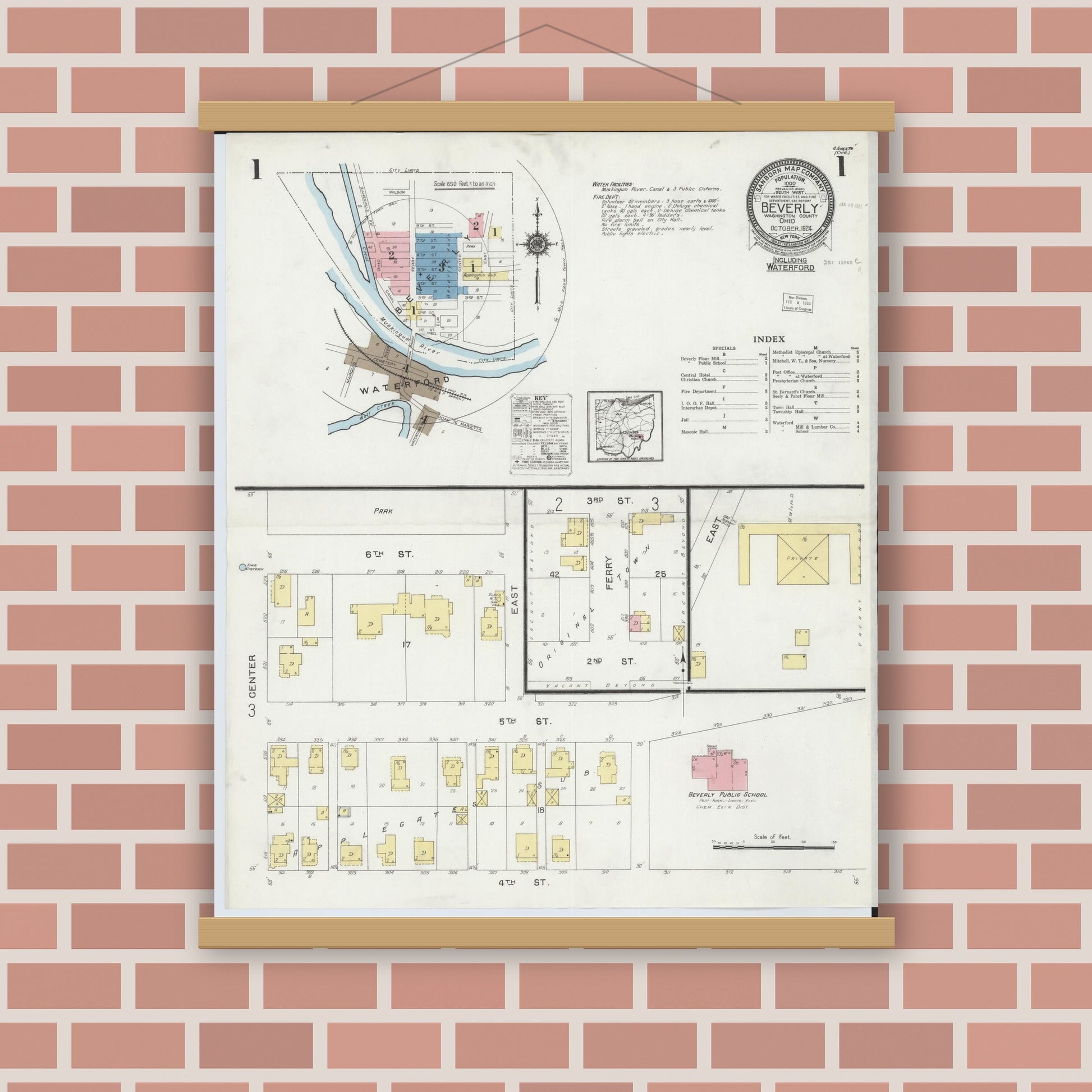 Old map wall art mockup — magnetic wood frame on brick wall — Sanborn Fire Insurance Map from Beverly, Washington County, Ohio (1924), Sheet #0001