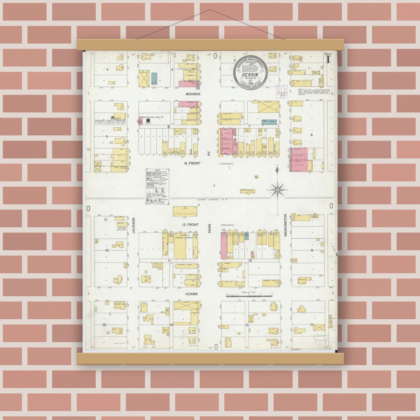 Old map wall art mockup — magnetic wood frame on brick wall — Sanborn Fire Insurance Map from Herrin, Williamson County, Illinois (1902) - Complete Map Set