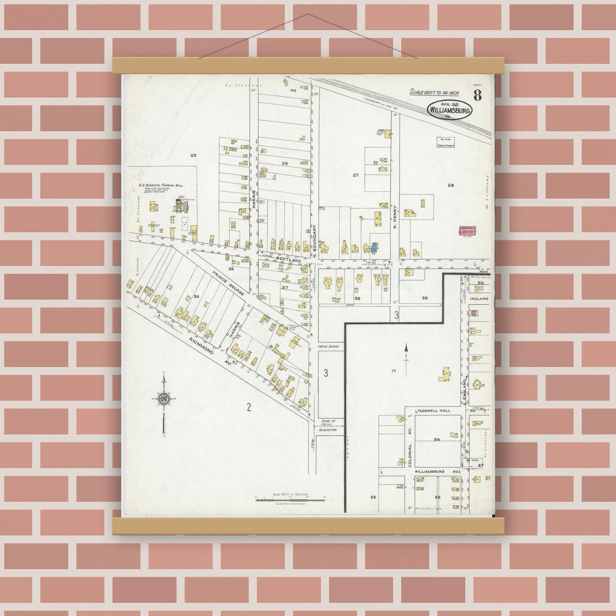 Old map wall art mockup — magnetic wood frame on brick wall — Sanborn Fire Insurance Map from Williamsburg, Independent Cities, Virginia (1921), Sheet #0008