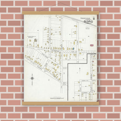 Old map wall art mockup — magnetic wood frame on brick wall — Sanborn Fire Insurance Map from Williamsburg, Independent Cities, Virginia (1921), Sheet #0008