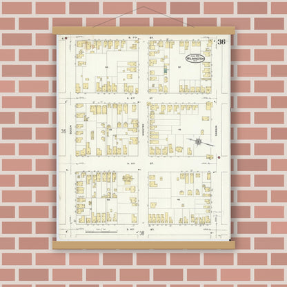 Old map wall art mockup — magnetic wood frame on brick wall — Sanborn Fire Insurance Map from Wilmington, New Hanover County, North Carolina (1910), Sheet #0036