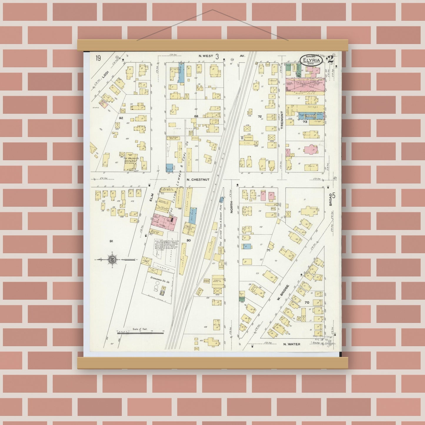 Old map wall art mockup — magnetic wood frame on brick wall — Sanborn Fire Insurance Map from Elyria, Lorain County, Ohio (1910), Sheet #0002