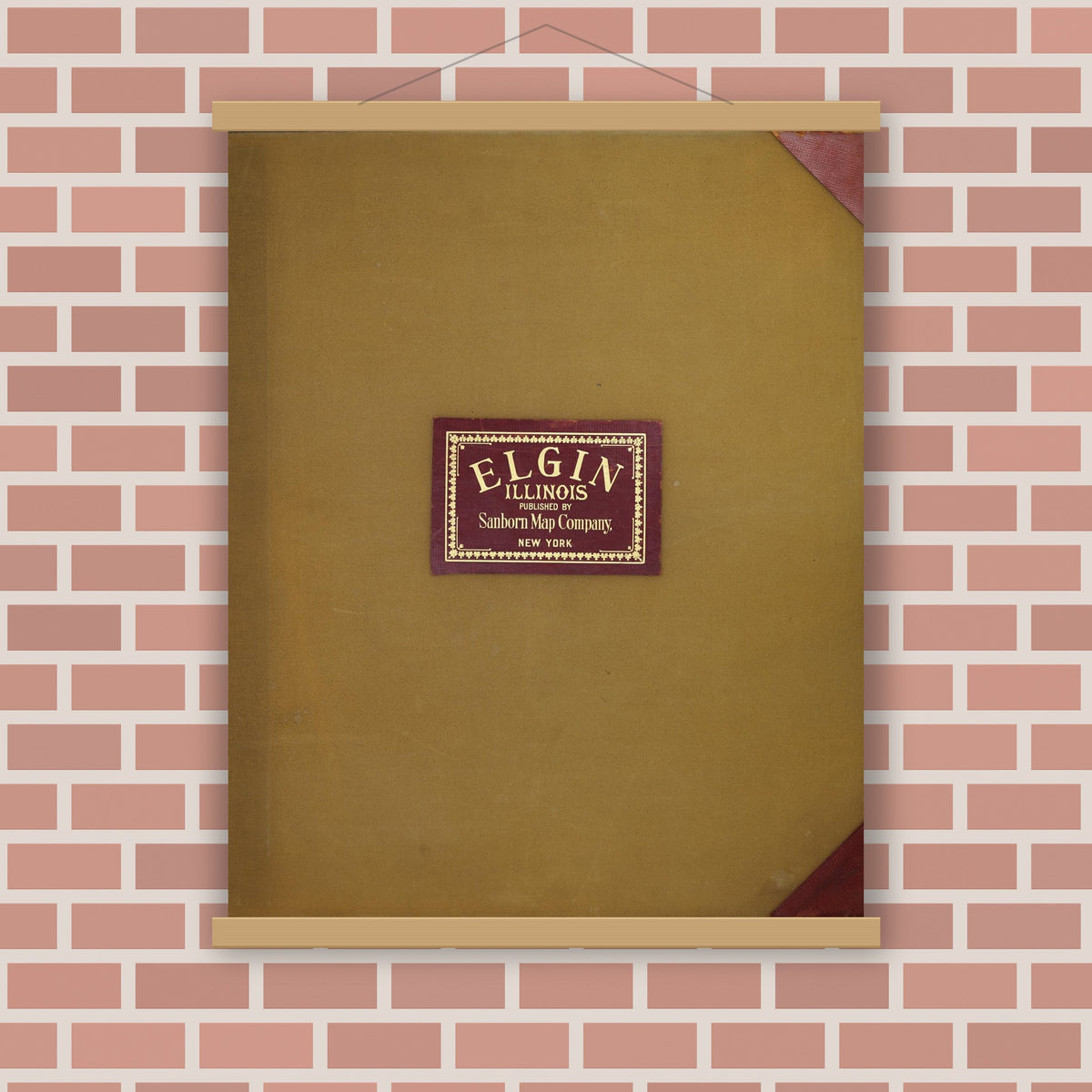 Old map wall art mockup — magnetic wood frame on brick wall — Sanborn Fire Insurance Map from Elgin, Kane County, Illinois (1950), Sheet #0001