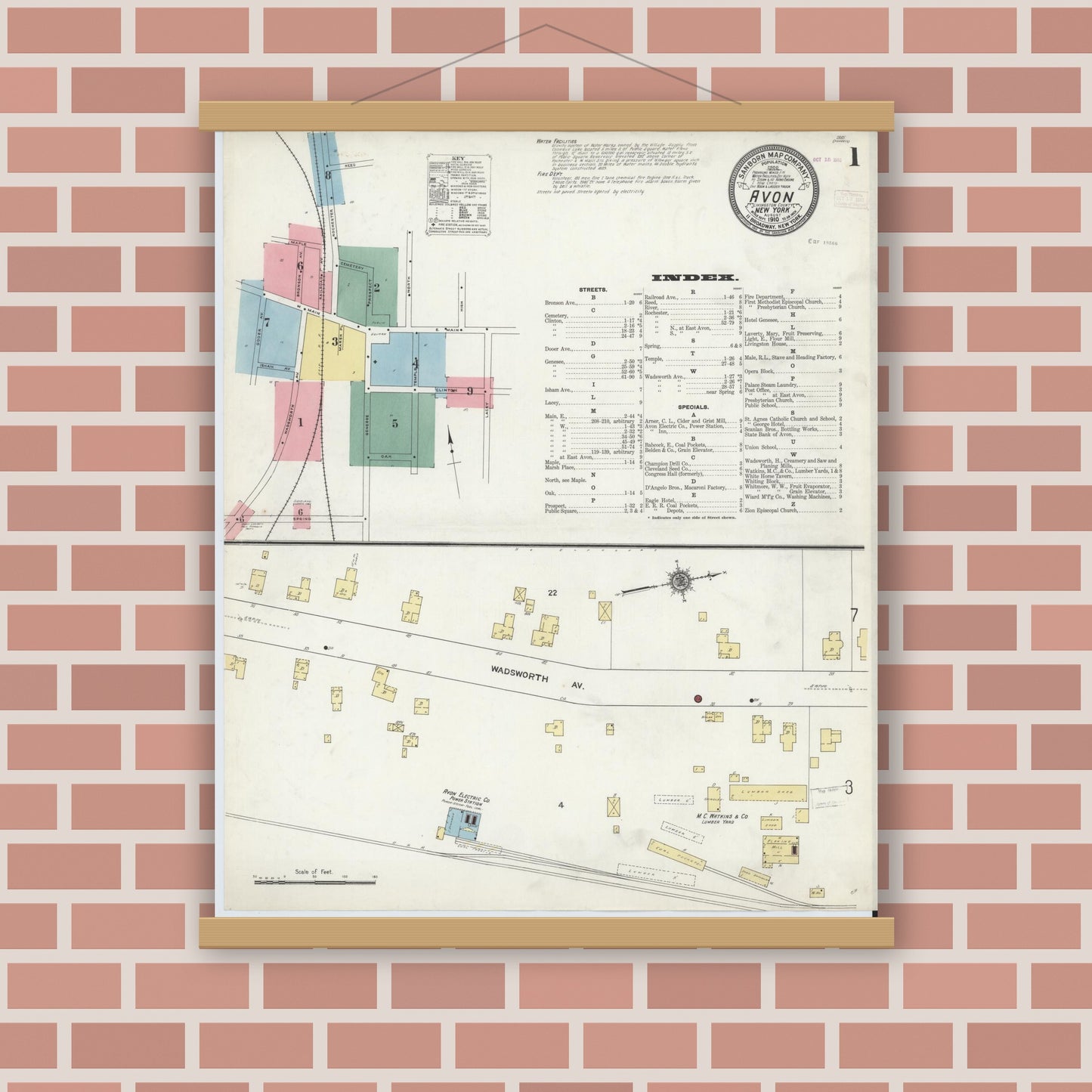 Old map wall art mockup — magnetic wood frame on brick wall — Sanborn Fire Insurance Map from Avon, Livingston County, New York (1910), Sheet #0001