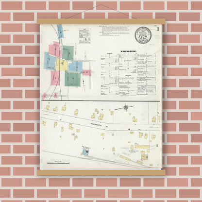 Old map wall art mockup — magnetic wood frame on brick wall — Sanborn Fire Insurance Map from Avon, Livingston County, New York (1910), Sheet #0001